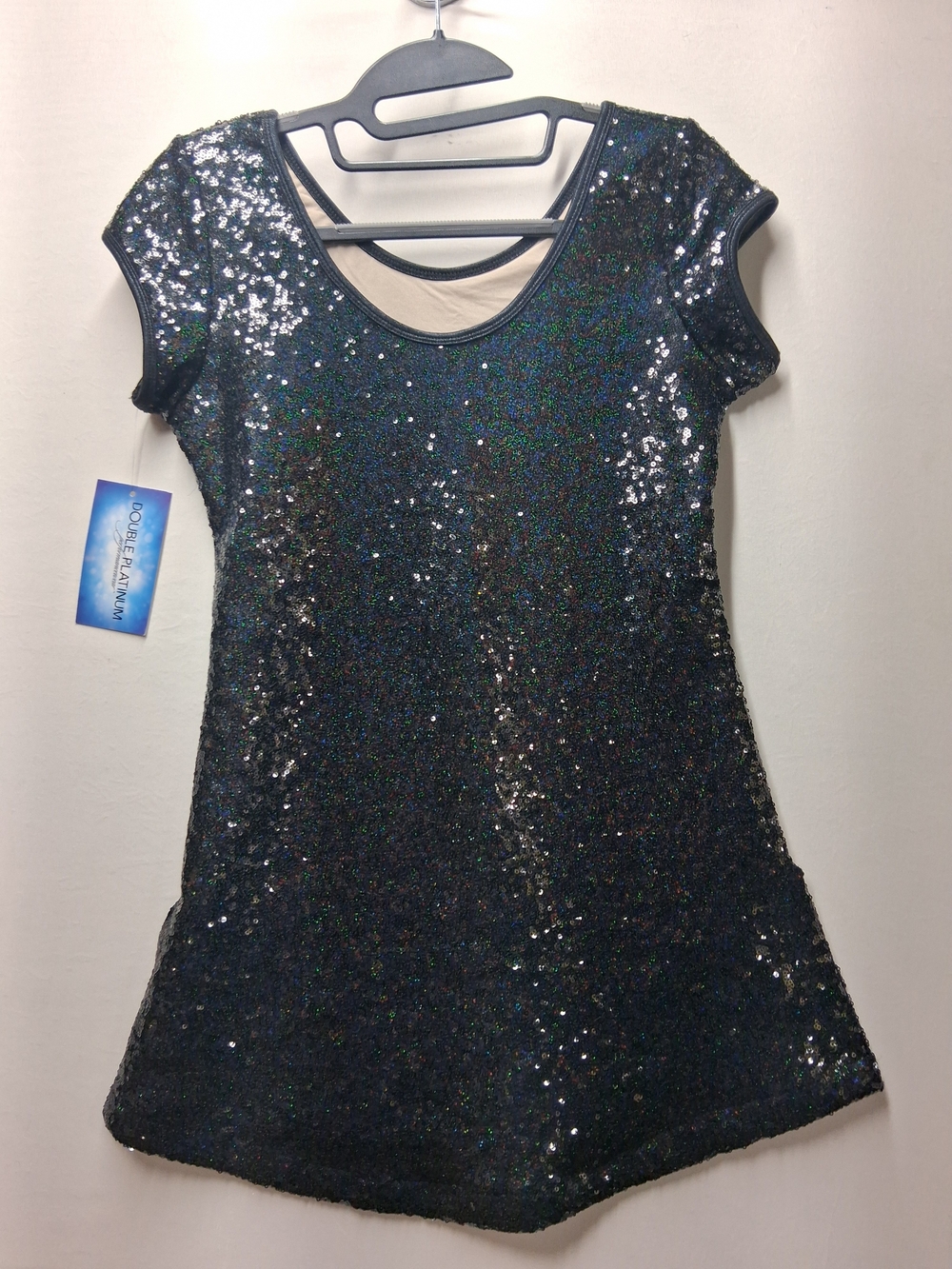 Sequin Short Sleeve Scoop Neck Women’s Performance Wear Top, Black Dance Skating